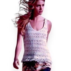 Anthropologie open knit crochet fringe tank top boho embroidered sz S